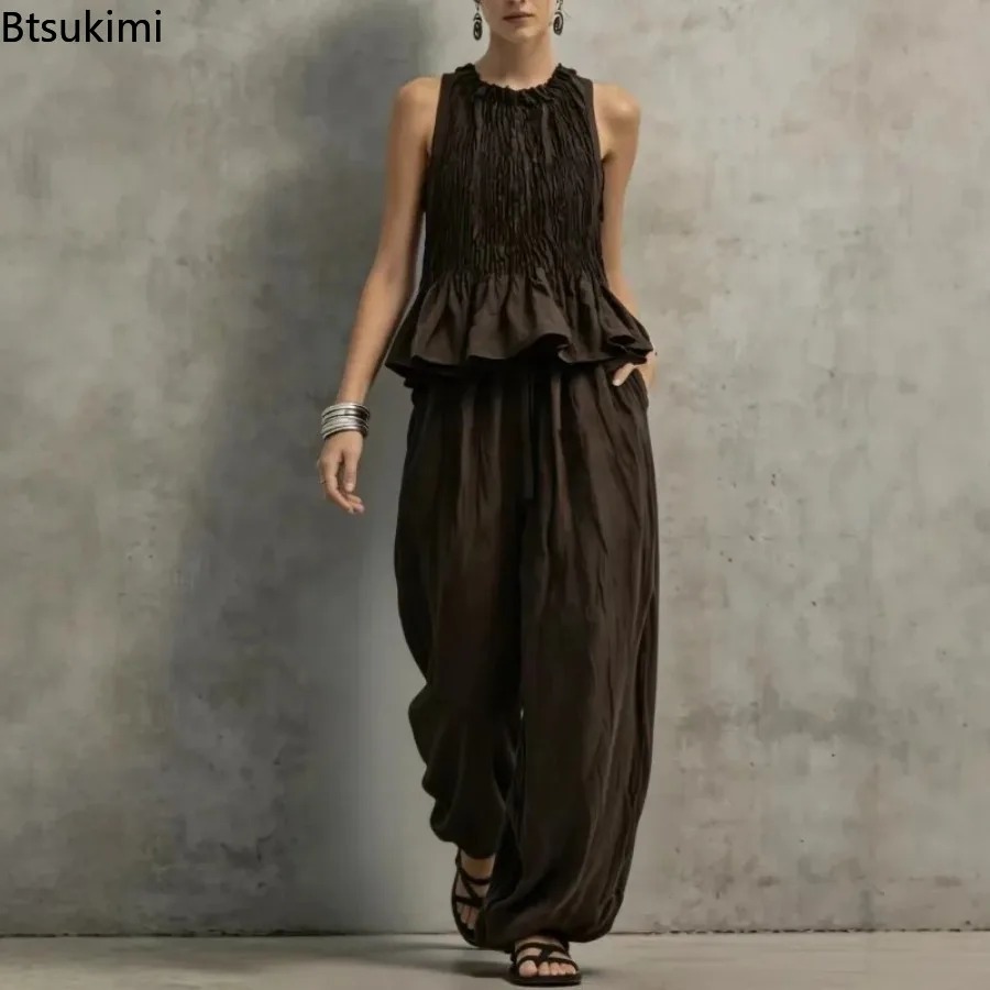 Summer Vacation Clothing Women - Prosty top bez rękawów z falbanką