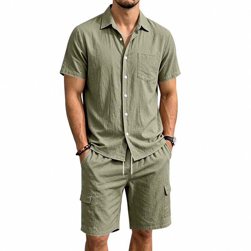 Summer Clothing Outfits - Męski letni lniany dwuczęściowy zestaw: koszula