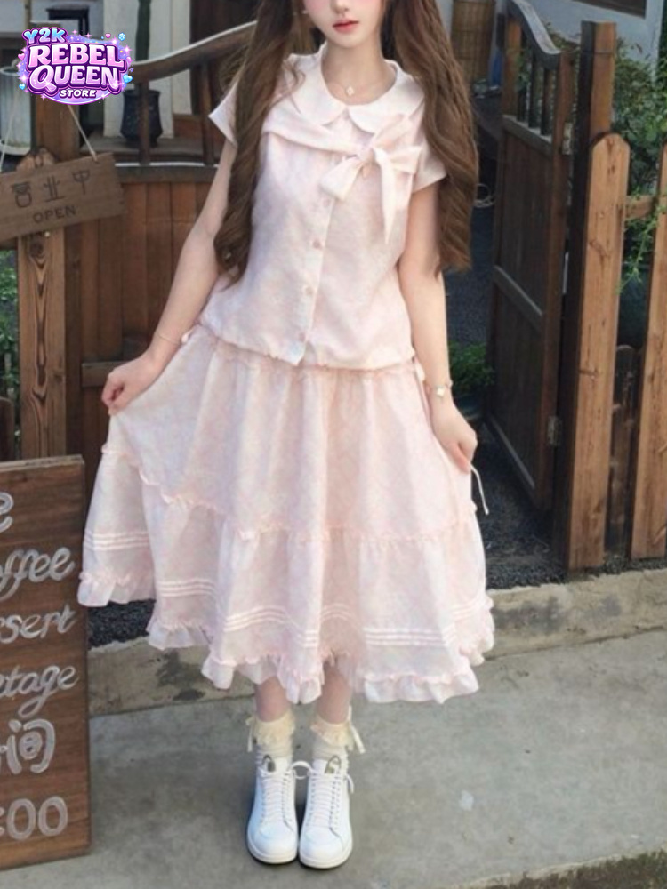 Summer Clothing Model - Japoński Vintage Słodki Top z Kokardą